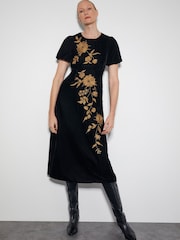 Monsoon Black Kendra Embroidered Floral Velvet Midi Dress - Image 1 of 5