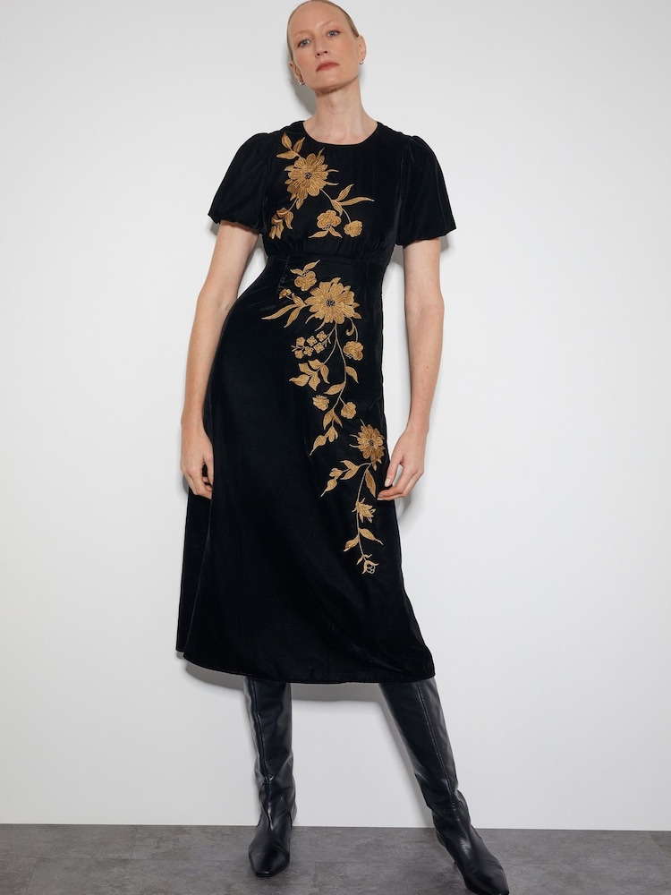 Monsoon Black Kendra Embroidered Floral Velvet Midi Dress - Image 1 of 5