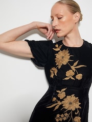 Monsoon Black Kendra Embroidered Floral Velvet Midi Dress - Image 2 of 5