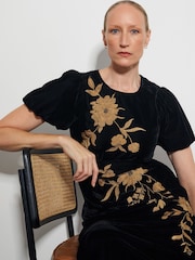 Monsoon Black Kendra Embroidered Floral Velvet Midi Dress - Image 4 of 5