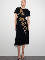 Monsoon Black Kendra Embroidered Floral Velvet Midi Dress - Image 5 of 5