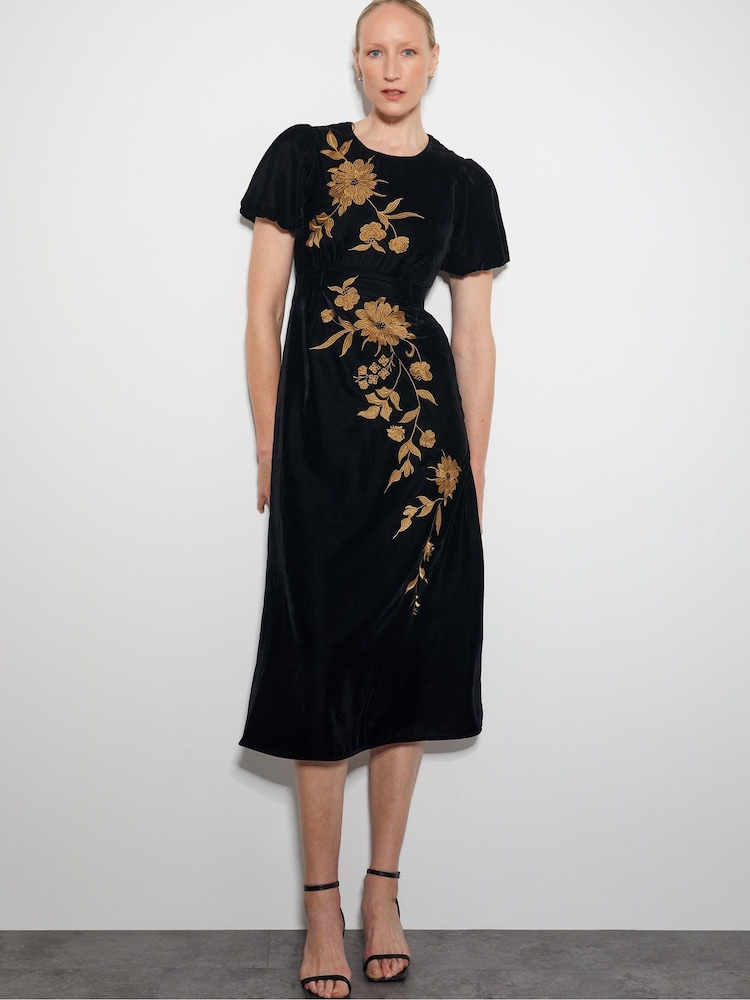 Monsoon Black Kendra Embroidered Floral Velvet Midi Dress - Image 5 of 5