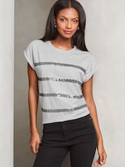 Lipsy Grey Stripe Round Neck 100% Cotton T-Shirt - Image 2 of 4