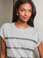 Lipsy Grey Stripe Round Neck 100% Cotton T-Shirt - Image 3 of 4