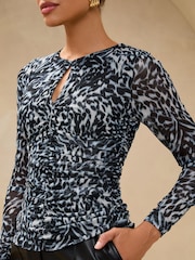 Lipsy Blue Ruched Mesh Long Sleeve Top - Image 2 of 4