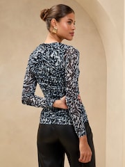 Lipsy Blue Ruched Mesh Long Sleeve Top - Image 4 of 4