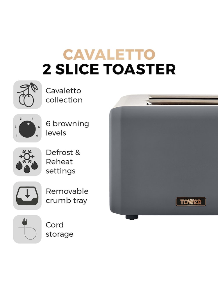 Tower Grey Cavaletto 2 Slice Toaster - Image 2 of 8 Tower Grey Cavaletto 2 Slice Toaster - Image 2 of 8