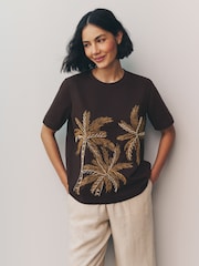 Chocolate Brown Short Sleeve Palm Tree Embellished 100% Cotton T-Shirt - Image 1 of 9