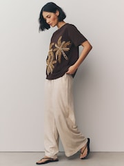 Chocolate Brown Short Sleeve Palm Tree Embellished 100% Cotton T-Shirt - Image 2 of 9