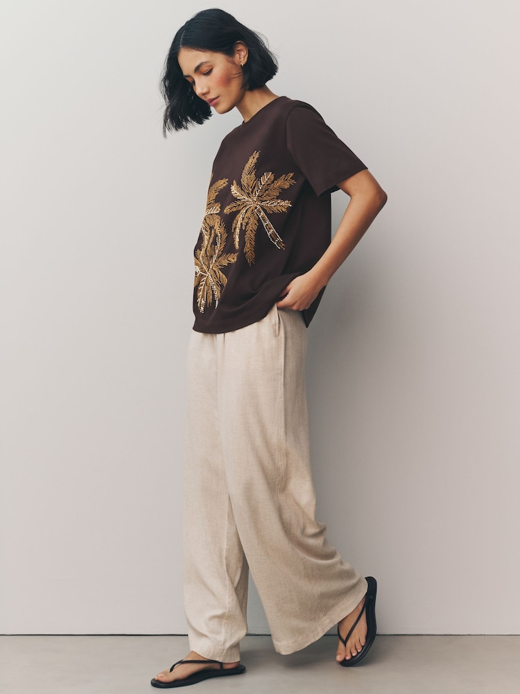 Chocolate Brown Short Sleeve Palm Tree Embellished 100% Cotton T-Shirt - Image 2 of 9