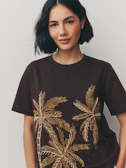 Chocolate Brown Short Sleeve Palm Tree Embellished 100% Cotton T-Shirt - Image 4 of 9