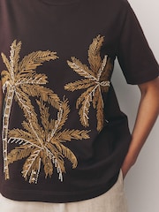 Chocolate Brown Short Sleeve Palm Tree Embellished 100% Cotton T-Shirt - Image 5 of 9