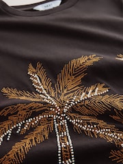 Chocolate Brown Short Sleeve Palm Tree Embellished 100% Cotton T-Shirt - Image 9 of 9