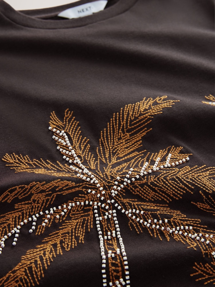 Chocolate Brown Short Sleeve Palm Tree Embellished 100% Cotton T-Shirt - Image 9 of 9