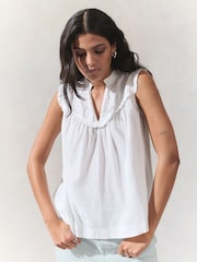White Woven Mix V-Neck Embroidered Frill Sleevless Top - Image 1 of 7