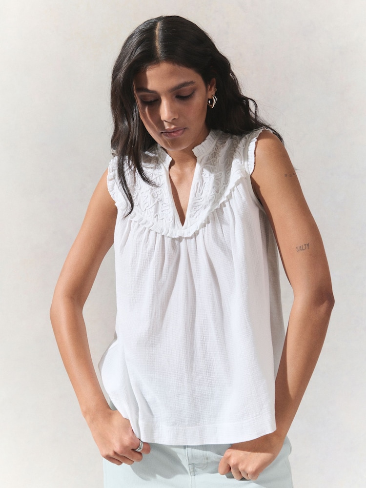 White Woven Mix V-Neck Embroidered Frill Sleevless Top - Image 1 of 7