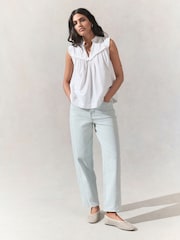 White Woven Mix V-Neck Embroidered Frill Sleevless Top - Image 2 of 7
