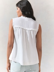 White Woven Mix V-Neck Embroidered Frill Sleevless Top - Image 3 of 7