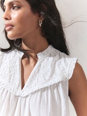 White Woven Mix V-Neck Embroidered Frill Sleevless Top - Image 4 of 7