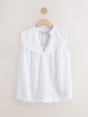 White Woven Mix V-Neck Embroidered Frill Sleevless Top - Image 5 of 7