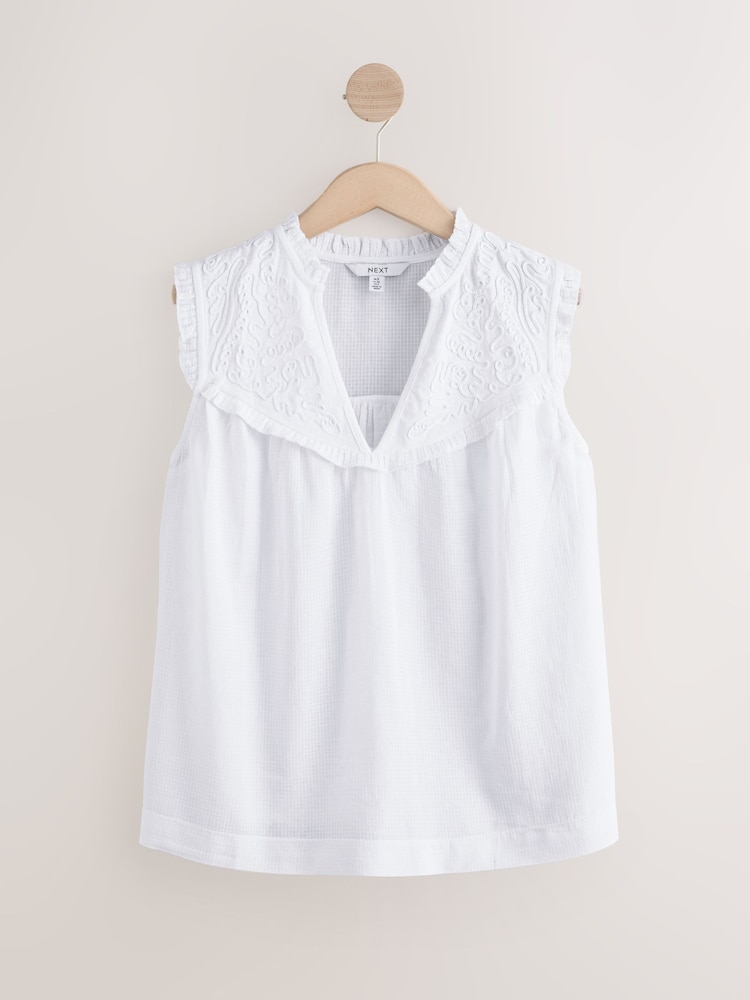White Woven Mix V-Neck Embroidered Frill Sleevless Top - Image 5 of 7