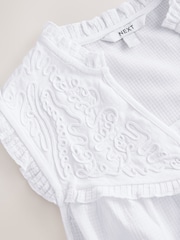 White Woven Mix V-Neck Embroidered Frill Sleevless Top - Image 6 of 7