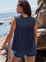 Navy Woven Mix V-Neck Embroidered Frill Sleevless Top - Image 2 of 8