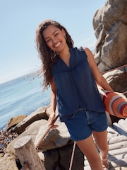 Navy Woven Mix V-Neck Embroidered Frill Sleevless Top - Image 3 of 8