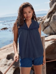 Navy Woven Mix V-Neck Embroidered Frill Sleevless Top - Image 4 of 8