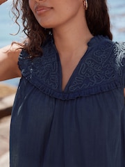 Navy Woven Mix V-Neck Embroidered Frill Sleevless Top - Image 5 of 8