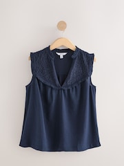 Navy Woven Mix V-Neck Embroidered Frill Sleevless Top - Image 6 of 8