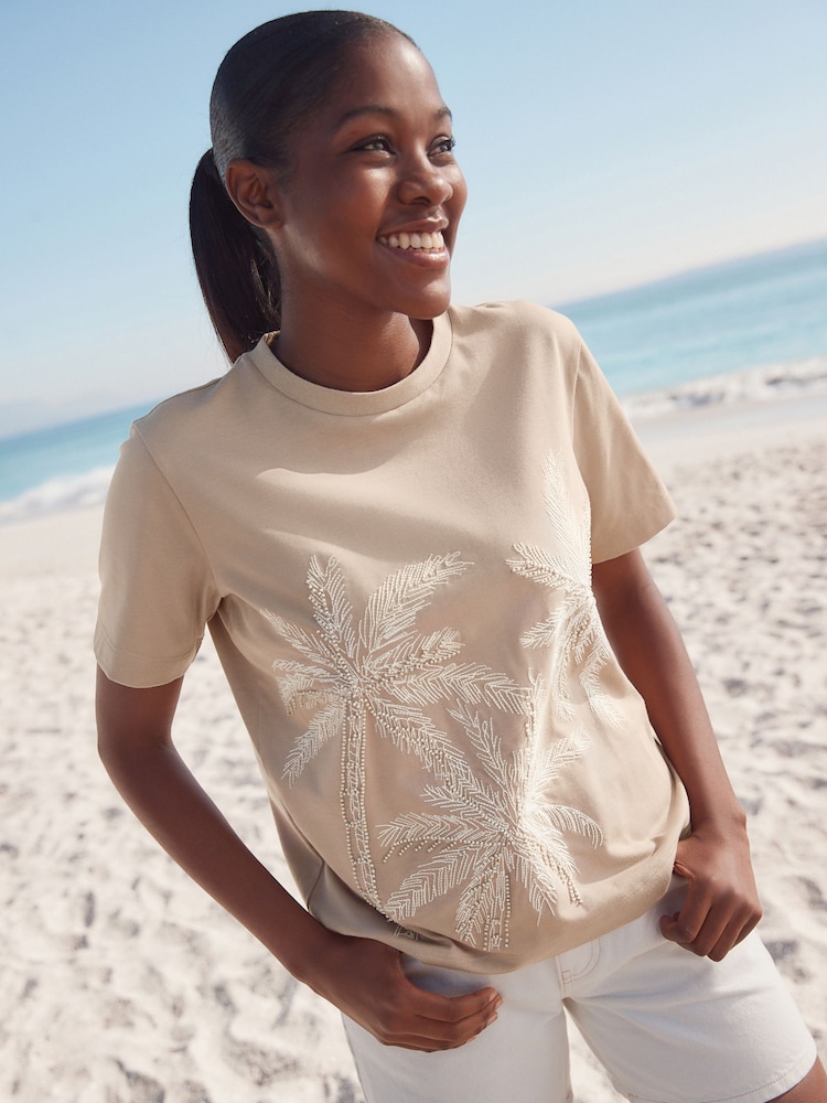 Stone Short Sleeve Palm Tree Embellished 100% Cotton T-Shirt - Image 1 of 7