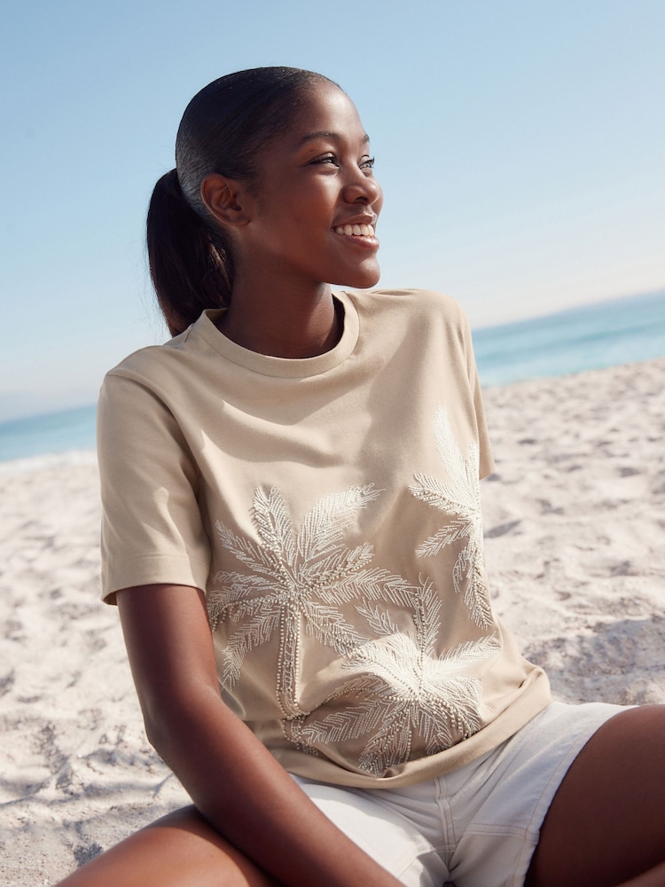 Stone Short Sleeve Palm Tree Embellished 100% Cotton T-Shirt - Image 2 of 7