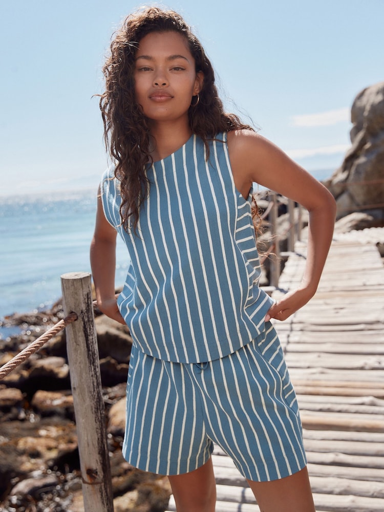 Blue/White Towelling Striped 100% Cotton Shorts - Image 1 of 8 Blue/White Towelling Striped 100% Cotton Shorts - Image 1 of 8