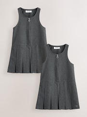 Clarks Grey Girls Zip Front Pleated School Pinafores 2 Pack - Image 1 of 8