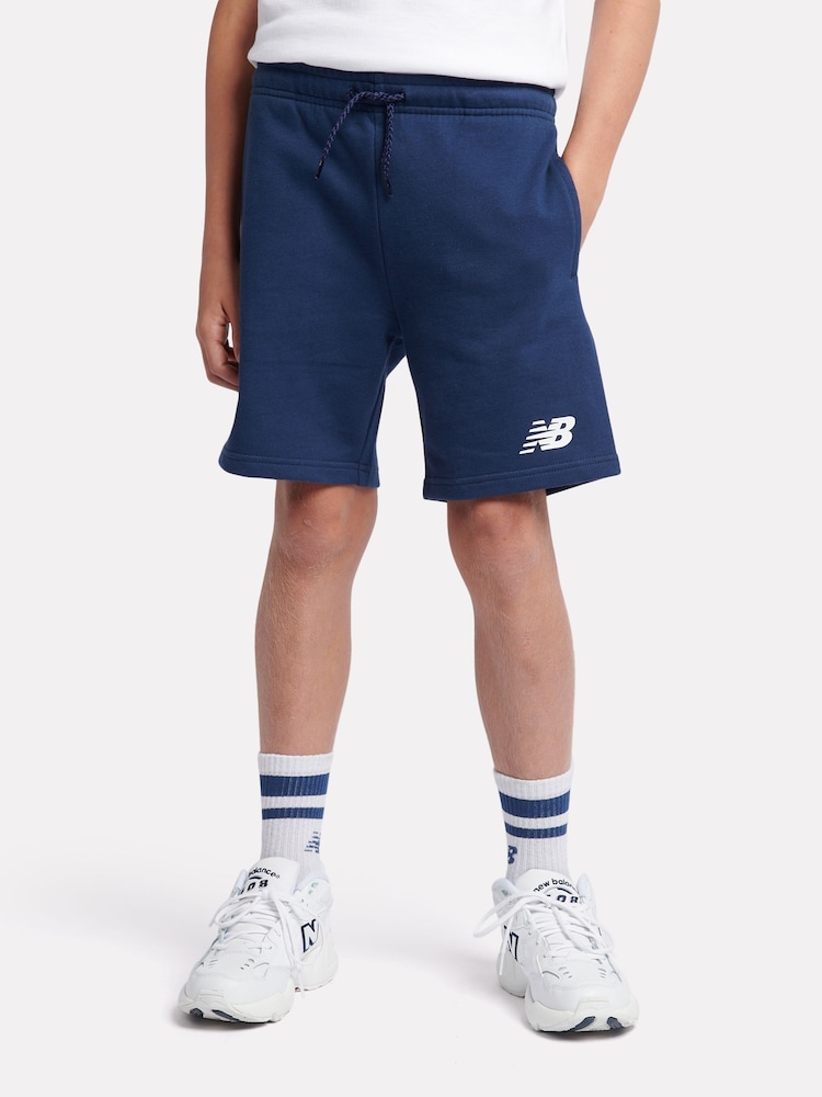 New Balance Blue Navy Kids French Terry Stacked Logo 100% Cotton Shorts - Image 1 of 5