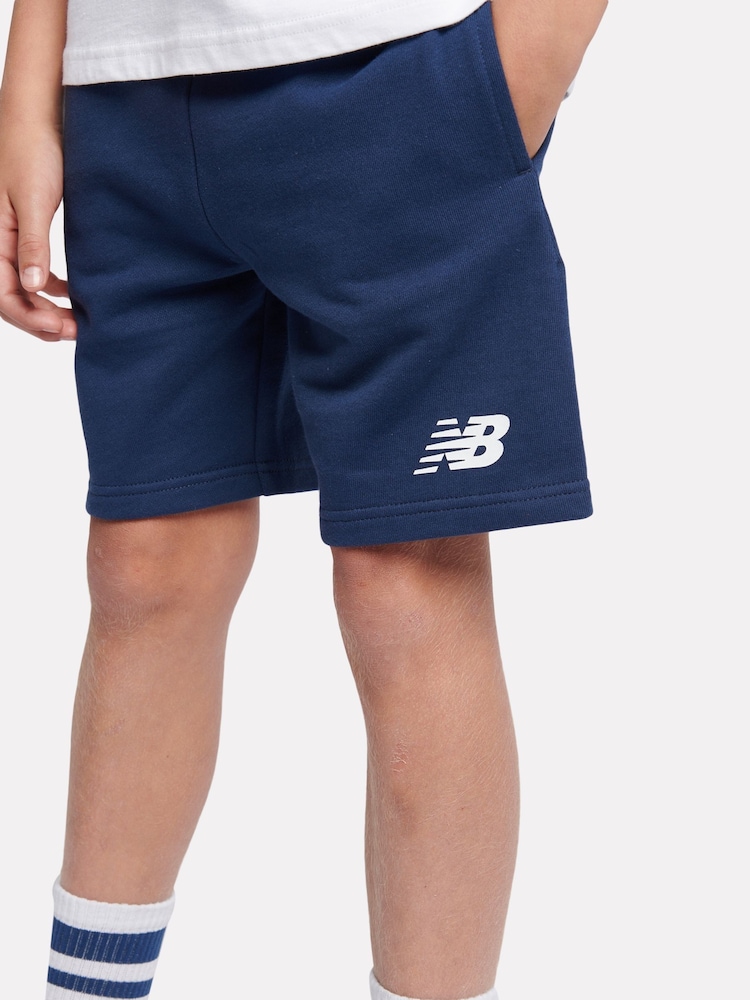 New Balance Blue Navy Kids French Terry Stacked Logo 100% Cotton Shorts - Image 4 of 5