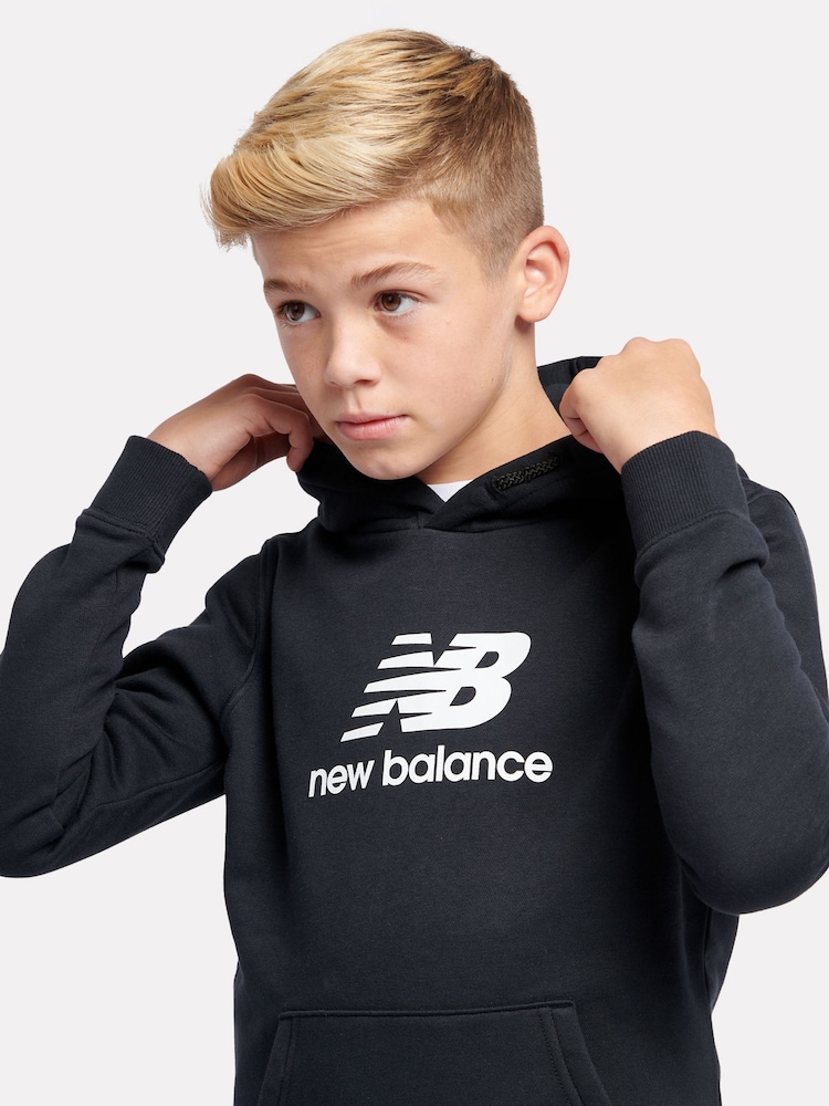 New Balance Black Kids French Terry Stacked Logo 100% Cotton Hoodie - Image 4 of 4
