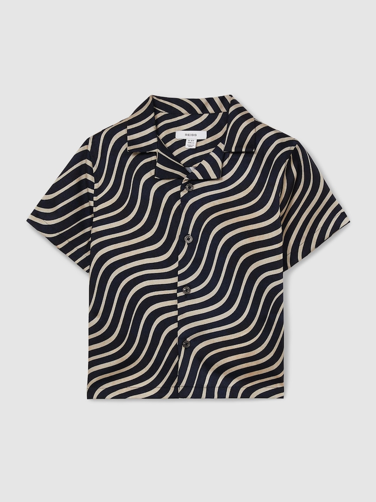 Reiss Navy/Off White Carbello 3-9 yrs Wave-Print Cuban-Collar Shirt - Image 2 of 4