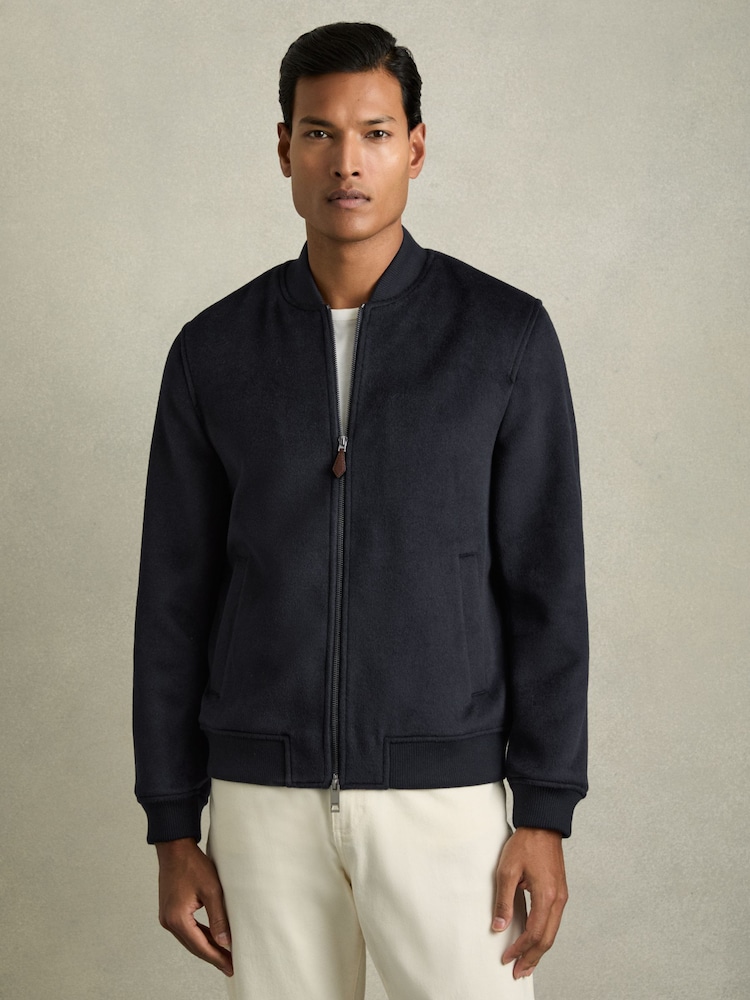 Reiss Navy Harlan Brushed Wool-Blend Bomber Jacket - Image 3 of 6