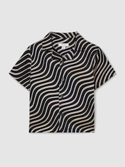 Reiss Navy/Off White Carbello 13-14 yrs Wave-Print Cuban-Collar Shirt - Image 1 of 4