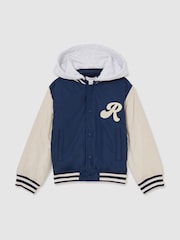 Reiss Airforce Blue/Off White Fred 9-13 yrs Logo Patch Hooded Varsity Jacket - Image 2 of 6