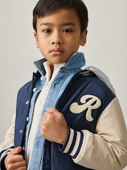 Reiss Airforce Blue/Off White Fred 9-13 yrs Logo Patch Hooded Varsity Jacket - Image 3 of 6