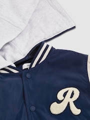 Reiss Airforce Blue/Off White Fred 9-13 yrs Logo Patch Hooded Varsity Jacket - Image 6 of 6