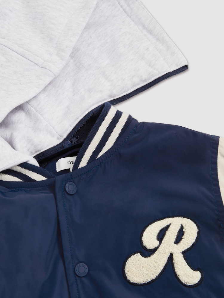 Reiss Airforce Blue/Off White Fred 9-13 yrs Logo Patch Hooded Varsity Jacket - Image 6 of 6