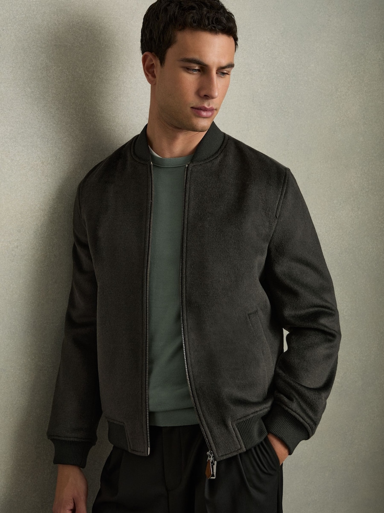 Reiss Dark Green Harlan Brushed Wool-Blend Bomber Jacket - Image 1 of 7