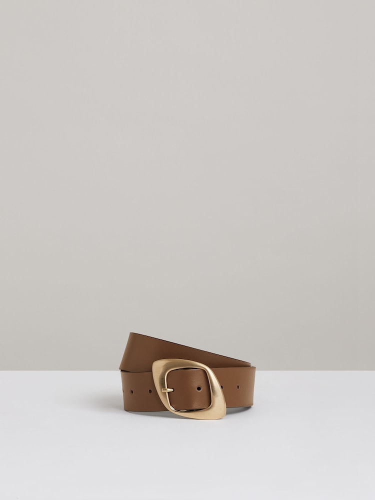 Reiss Taupe Christa Leather Curved-Edge Buckle Belt - Image 1 of 4