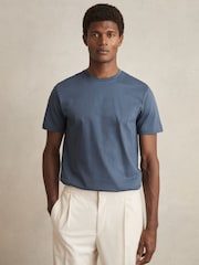 Reiss Airforce Blue Leo Mercerised-Cotton Ribbed T-Shirt - Image 1 of 6