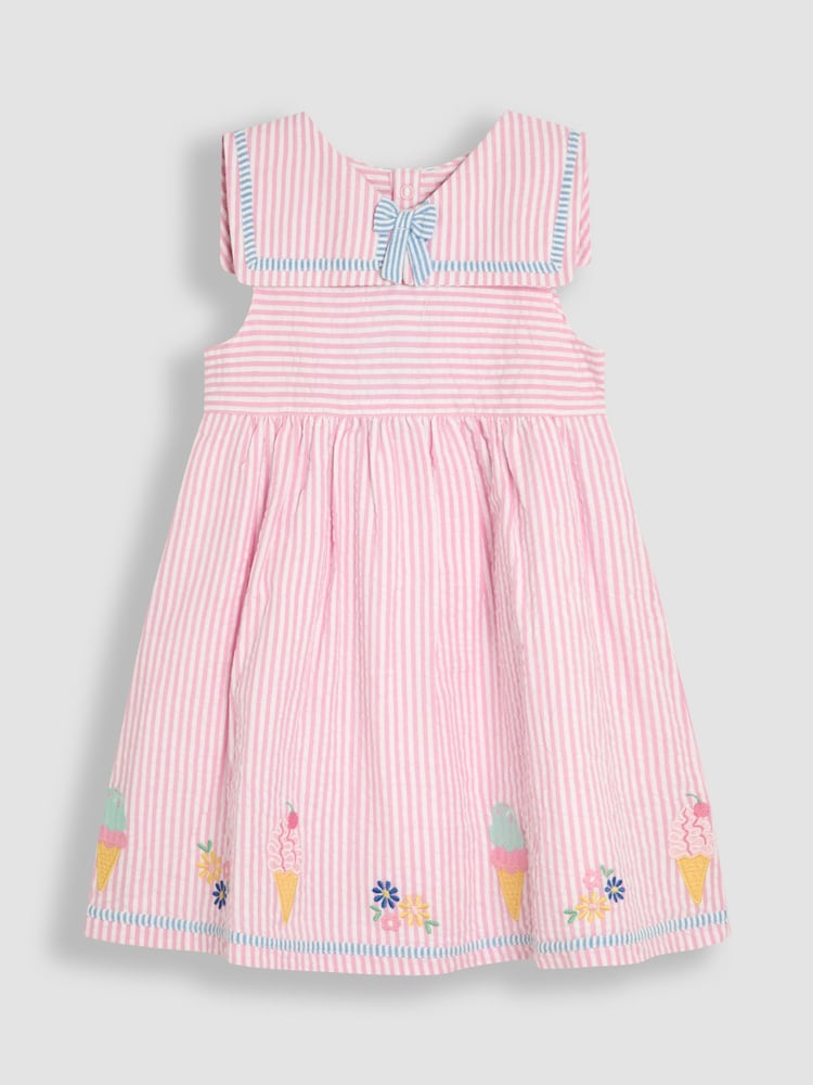 JoJo Maman Bébé Pink Ice Cream Applique Seersucker Sailor Baby Dress - Image 1 of 3