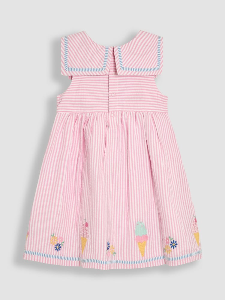 JoJo Maman Bébé Pink Ice Cream Applique Seersucker Sailor Baby Dress - Image 2 of 3
